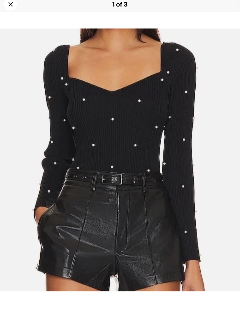 Generation Love Black Ribbed Pearl-Embellished Sweetheart Top